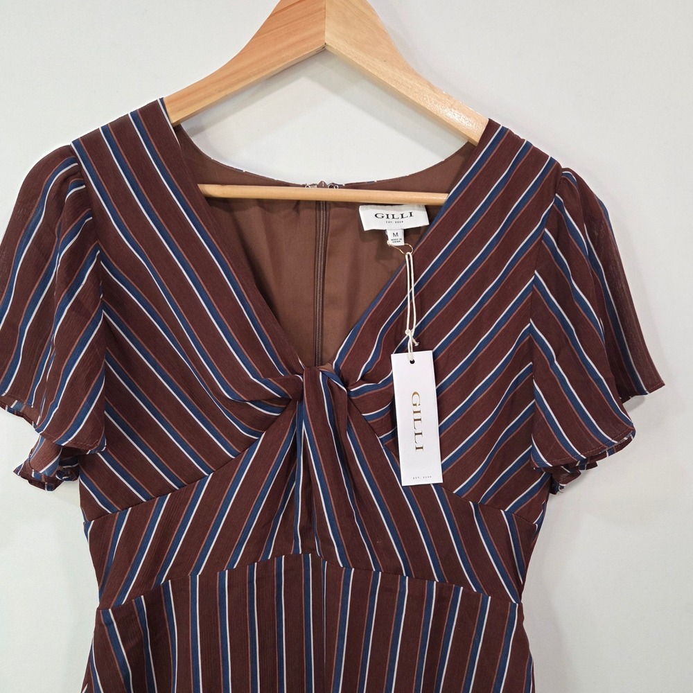 Gilli Womens Burgundy Striped Fit Flare Mini Dress M Flutter Sleeve‎ NWT Boho